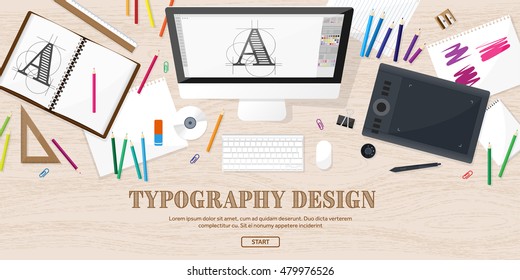 Graphic and web design illustration.Typography.Flat style.Workplace with equipment.Painting,work with color,handwriting.Digital drawing.Graphic design trends and ideas.Motion graphic software,tutorial