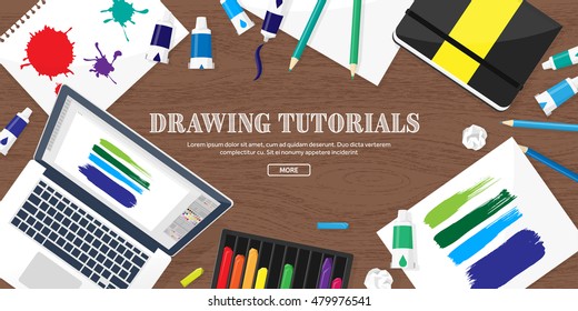 Graphic and web design illustration.Typography.Flat style.Workplace with equipment.Painting,work with color,handwriting.Digital drawing.Graphic design trends and ideas.Motion graphic software,tutorial