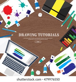 Graphic and web design illustration.Typography.Flat style.Workplace with equipment.Painting,work with color,handwriting.Digital drawing.Graphic design trends and ideas.Motion graphic software,tutorial