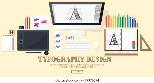 Graphic and web design illustration.Typography.Flat style.Workplace with equipment.Painting,work with color,handwriting.Digital drawing.Graphic design trends and ideas.Motion graphic software,tutorial