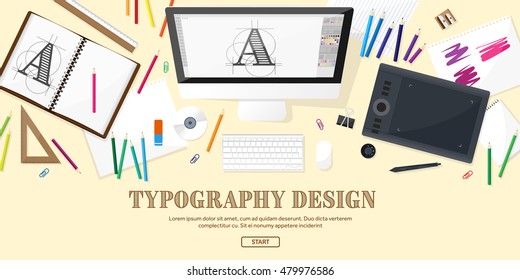 Graphic and web design illustration.Typography.Flat style.Workplace with equipment.Painting,work with color,handwriting.Digital drawing.Graphic design trends and ideas.Motion graphic software,tutorial