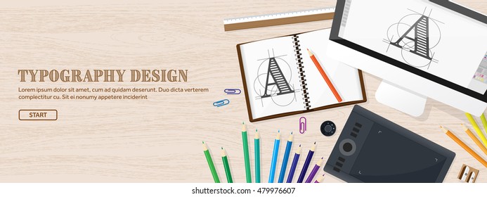 Graphic and web design illustration.Typography.Flat style.Workplace with equipment.Painting,work with color,handwriting.Digital drawing.Graphic design trends and ideas.Motion graphic software,tutorial