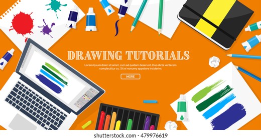 Graphic and web design illustration.Typography.Flat style.Workplace with equipment.Painting,work with color,handwriting.Digital drawing.Graphic design trends and ideas.Motion graphic software,tutorial