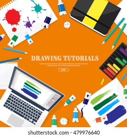 Graphic and web design illustration.Typography.Flat style.Workplace with equipment.Painting,work with color,handwriting.Digital drawing.Graphic design trends and ideas.Motion graphic software,tutorial