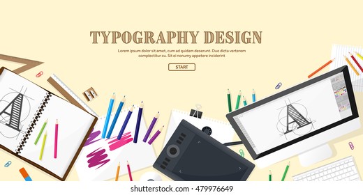 Graphic and web design illustration.Typography.Flat style.Workplace with equipment.Painting,work with color,handwriting.Digital drawing.Graphic design trends and ideas.Motion graphic software,tutorial