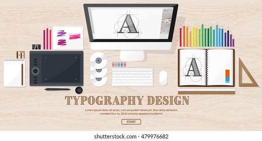 Graphic and web design illustration.Typography.Flat style.Workplace with equipment.Painting,work with color,handwriting.Digital drawing.Graphic design trends and ideas.Motion graphic software,tutorial