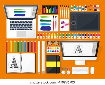 Graphic and web design illustration.Typography.Flat style.Workplace with equipment.Painting,work with color,handwriting.Digital drawing.Graphic design trends and ideas.Motion graphic software,tutorial