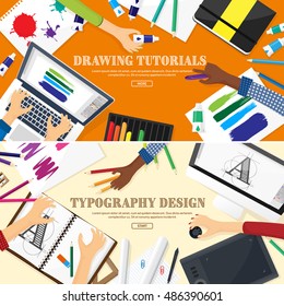 Graphic and web design illustration.Typography.Flat style.Workplace with equipment.Painting,work with color,handwriting.Digital drawing.Graphic design trends and ideas.Motion graphic software,tutorial