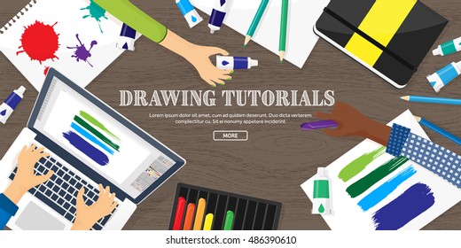 Graphic and web design illustration.Typography.Flat style.Workplace with equipment.Painting,work with color,handwriting.Digital drawing.Graphic design trends and ideas.Motion graphic software,tutorial