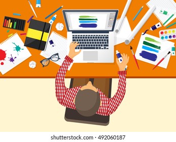 Graphic and web design illustration.Typography.Flat style.Workplace with equipment.Painting,work with color,handwriting.Digital drawing.Graphic design trends and ideas.Motion graphic software,tutorial