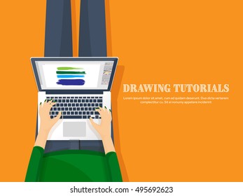 Graphic and web design illustration.Typography.Flat style.Workplace with equipment.Painting,work with color,handwriting.Digital drawing.Graphic design trends and ideas.Motion graphic software,tutorial