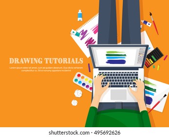 Graphic and web design illustration.Typography.Flat style.Workplace with equipment.Painting,work with color,handwriting.Digital drawing.Graphic design trends and ideas.Motion graphic software,tutorial
