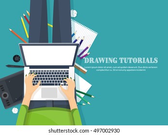 Graphic and web design illustration.Typography.Flat style.Workplace with equipment.Painting,work with color,handwriting.Digital drawing.Graphic design trends and ideas.Motion graphic software,tutorial