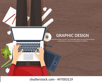 Graphic and web design illustration.Typography.Flat style.Workplace with equipment.Painting,work with color,handwriting.Digital drawing.Graphic design trends and ideas.Motion graphic software,tutorial