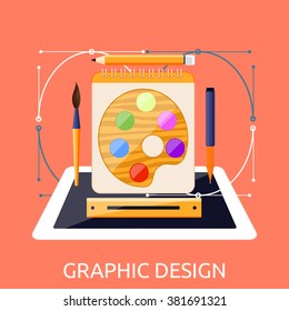 Graphic web design graphic tablet and tool. Tablet graphic, pen graphic tablet, equipment digital drawing, device pencil, monitor tablet design, workspace and paint screen graphic tablet illustration