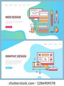 Graphic and web design technologies set of websites vector. Computer with info, internet pages development of interface, pen and tools work supplies. Webpage template, landing page in flat style