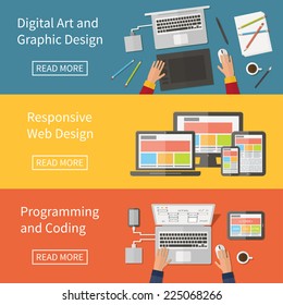 Graphic and Web design, website developing, programming, digital art, coding. Freelance programming code professions. Flat design vector concept banner