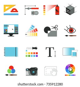 Graphic or web designers tools. Different working elements for graphical artists. Vector pictures set isolate. Digital tools and equipment, monitor computer illustration
