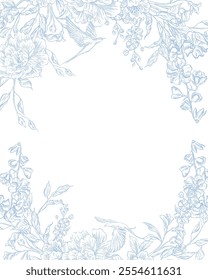 Graphic wedding card with flowers and leaves, birds. Illustration 