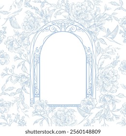 Graphic wedding card with flowers and leaves, birds. Illustration 