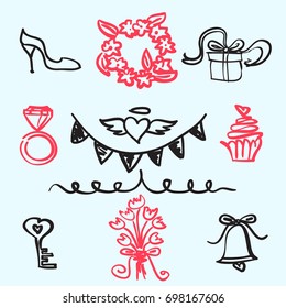 graphic wedding doodle icons of cake, muffin, champagne, gift, flowers,ring, diamonds, key, decorative elements and lettering design. vector hand drawn set