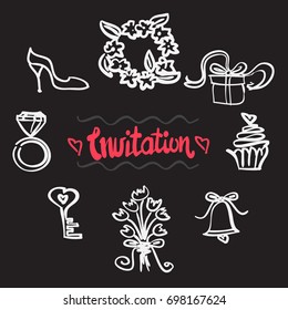 graphic wedding doodle icons of cake, muffin, champagne, gift, flowers,ring, diamonds, key, decorative elements and lettering design. vector hand drawn set