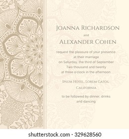 Graphic wedding invitation with pattern a la peacock tail. Background in light brown colors. Can be used for different kinds of invitations