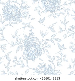 Graphic wedding seamless pattern with flowers and leaves, birds. Illustration 