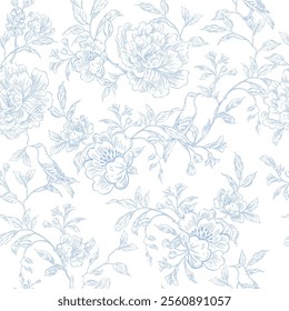 Graphic wedding seamless pattern with flowers and leaves, birds. Illustration 