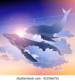 Graphic whales flying in the nigh sky. Sea and ocean isolated creatures. Vector fantasy art in pink, blue and purple colors