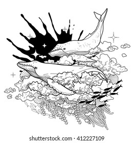 Graphic whales flying in the sky with ink splash on background. Sea and ocean creatures isolated on white. Vector fantasy art in black and white colors. Coloring book page design for adults and kids