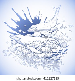 Graphic whales flying in the sky with ink splash on background. Sea and ocean creatures isolated on white. Vector fantasy art in blue colors. Coloring book page design for adults and kids