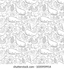 Graphic whales flying in the sky. Sea and ocean creatures. Vector fantasy seamless pattern. Coloring book page design for adults and kids hand draw illustration.