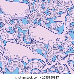 Graphic whales flying in the sky. Sea and ocean creatures. Vector fantasy seamless pattern. Coloring book page design for adults and kids hand draw illustration.