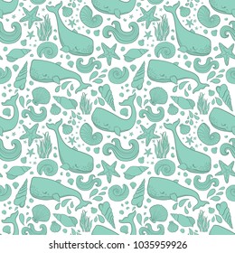 Graphic whales flying in the sky. Sea and ocean creatures. Vector fantasy seamless pattern. Coloring book page design for adults and kids hand draw illustration.