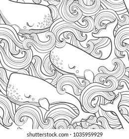 Graphic whales flying in the sky. Sea and ocean creatures. Vector fantasy seamless pattern. Coloring book page design for adults and kids hand draw illustration.