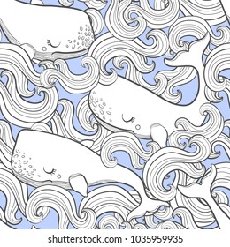 Graphic whales flying in the sky. Sea and ocean creatures. Vector fantasy seamless pattern. Coloring book page design for adults and kids hand draw illustration.