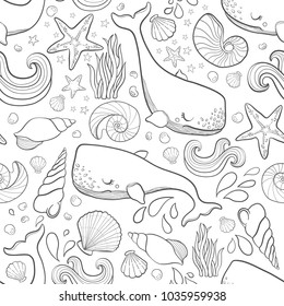 Graphic whales flying in the sky. Sea and ocean creatures. Vector fantasy seamless pattern. Coloring book page design for adults and kids hand draw illustration.