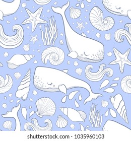 Graphic whales flying in the sky. Sea and ocean creatures. Vector fantasy seamless pattern. Coloring book page design for adults and kids hand draw illustration.