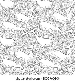 Graphic whales flying in the sky. Sea and ocean creatures. Vector fantasy seamless pattern. Coloring book page design for adults and kids hand draw illustration.