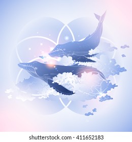 Graphic whales flying in the sky. Sea and ocean isolated creatures. Vector fantasy art in pink and blue colors