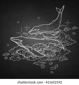 Graphic whales flying in the sky. Sea and ocean creatures isolated on chalkboard. Vector fantasy art in black and white colors