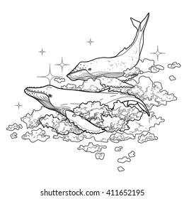 Graphic whales flying in the sky. Sea and ocean creatures isolated on white background. Vector fantasy art in black and white colors. Coloring book page design for adults and kids