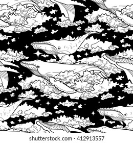 Graphic whales flying in the sky. Sea and ocean creatures. Vector fantasy seamless pattern. Coloring book page design for adults and kids