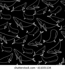 Graphic whales seamless pattern. Hand drawn vector background. Black and white. Wrapping paper. 
