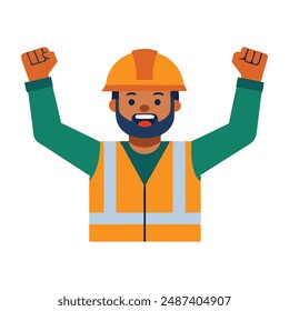 The graphic, which features a guy in a safety jacket and hard hat, honors the achievements and challenges of the working world vector illustration