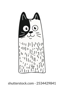 Graphic white cat in a cartoon illustration, doodle style, hand-drawn, on a white background