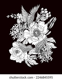 Graphic white cranes and flowers. Vector