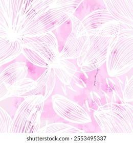 Graphic white lily on pink background seamless pattern. Wallpaper and packaging. hand drawing. Not AI, Vector illustration.