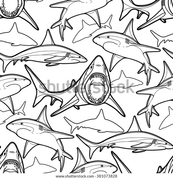 ラインアートのスタイルで描かれたグラフィックなホワイトチップサメ シームレスな海洋模様 大人や子ども向けの塗り絵本のページデザイン のベクター画像素材 ロイヤリティフリー